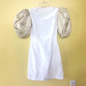 Prom HOCO Dress White Gold Metallic Puffed Sleeves Custom See Measurement